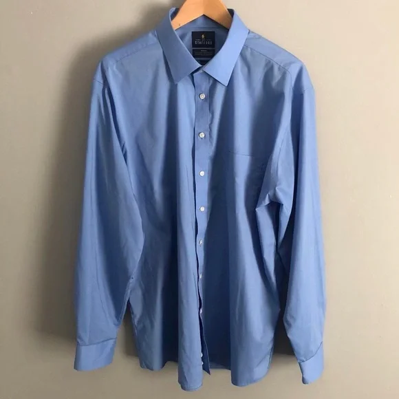 stafford fitted dress shirt Stafford Travel Wrinkle-Free Stretch Oxford Long-Sleeve Dress Shirt Big  (Blue Garden, 20/34-35) at Amazon Men's Clothing store